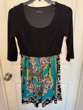 EUC AB Studio Black Bodice Teal and Gold Print 3/4 Sleeve Dress